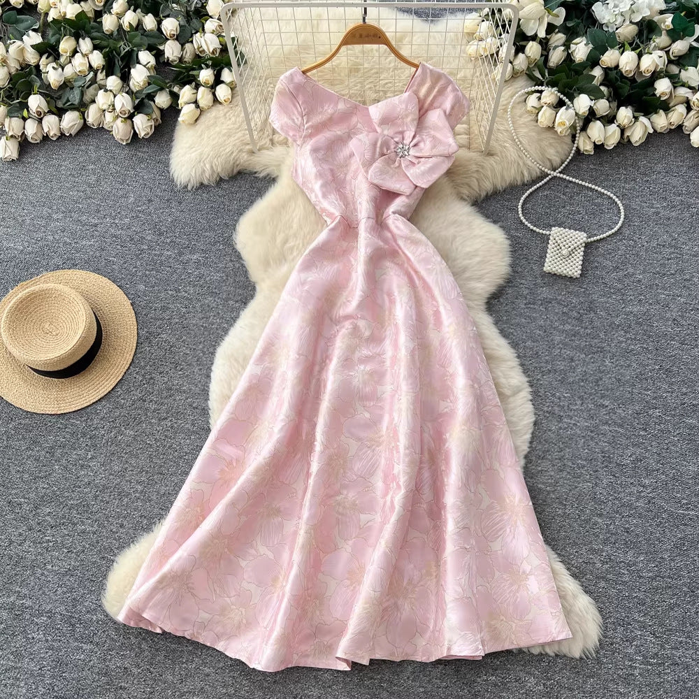 Light Luxury High-End 3D Floral V-Neck Jacquard Maxi Dress For Women