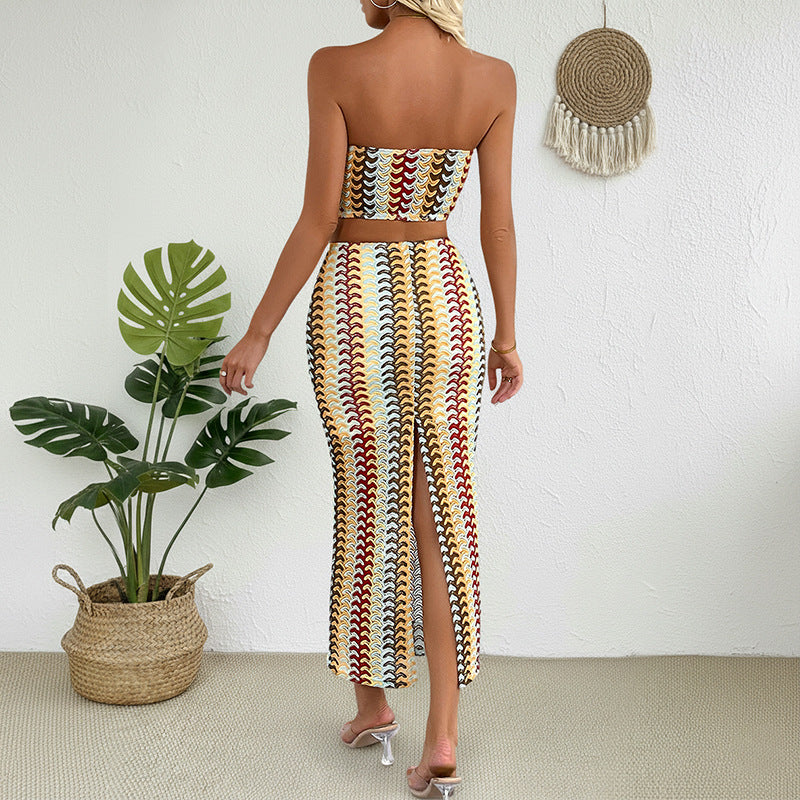 Womens Two-Piece Set Color-Striped Tube Top And Skirt Combo