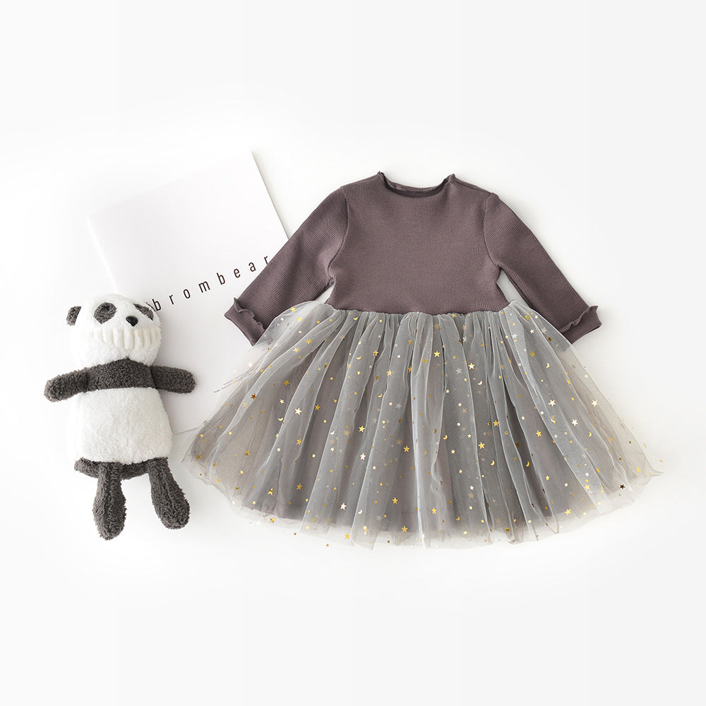 Children's Five-pointed Star Net Gauze Long-sleeved Dress