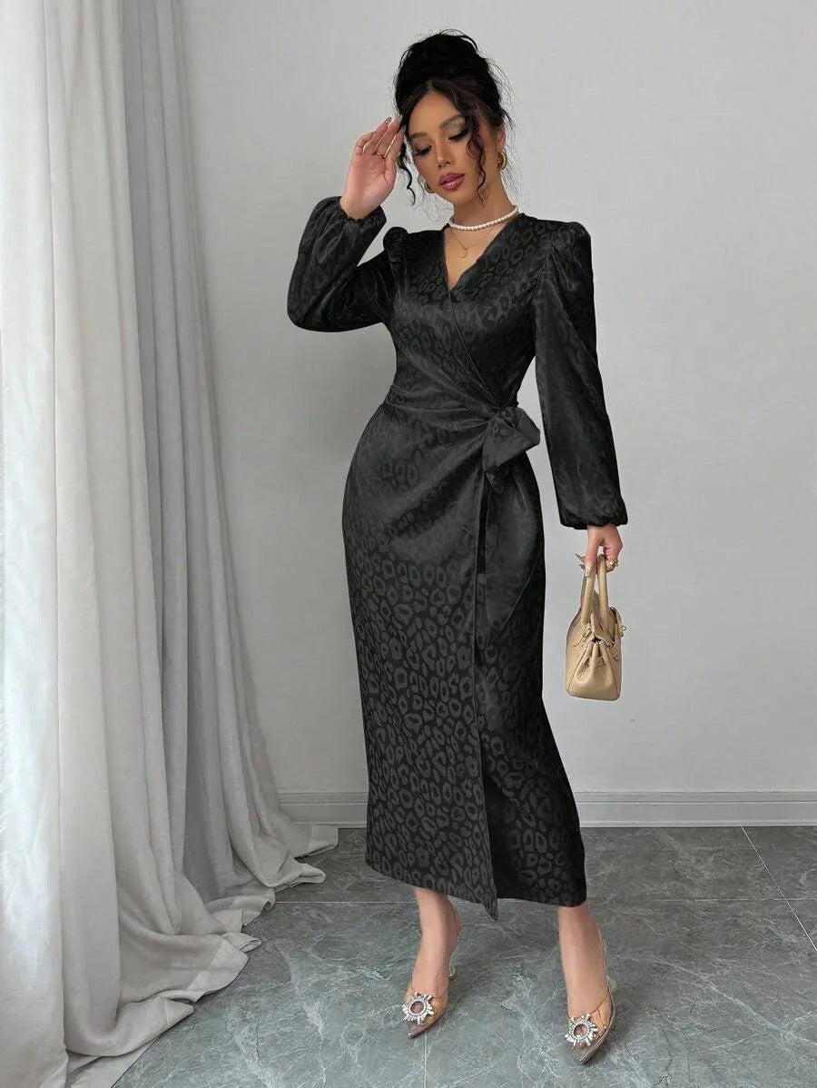 Long-sleeve Dress Leopard-print Jacquard Dress