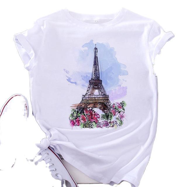 Fashion Eiffel Tower Print Women's Short Sleeve