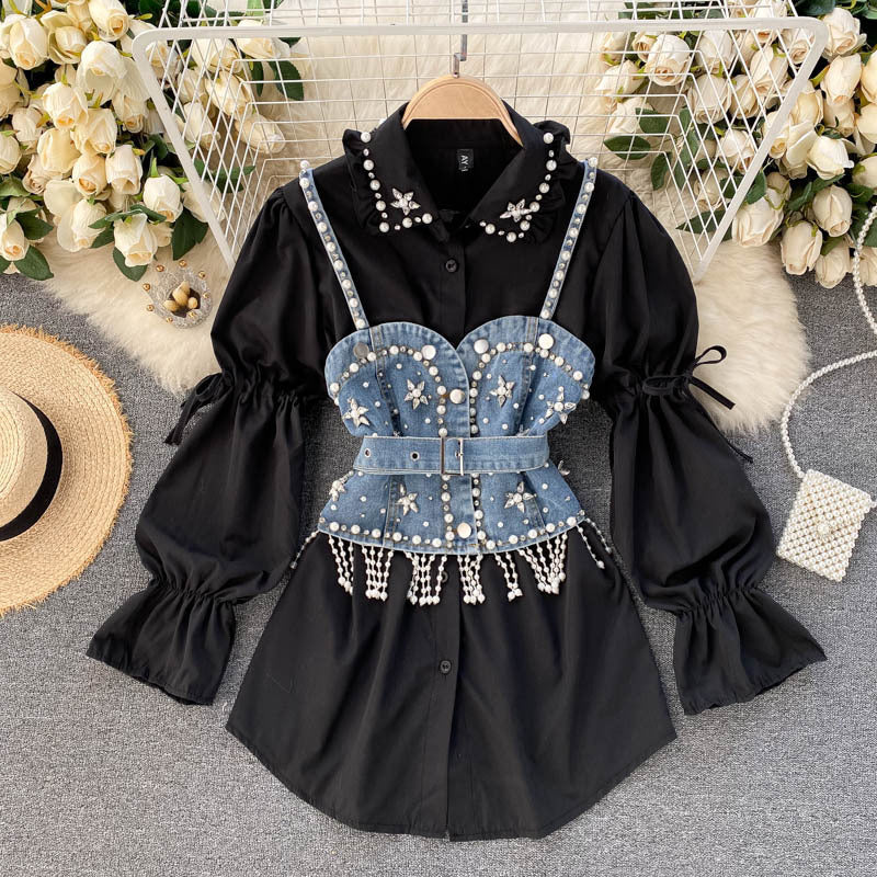 Ensemble deux pièces chemise à manches bouffantes et haut à pompons et perles