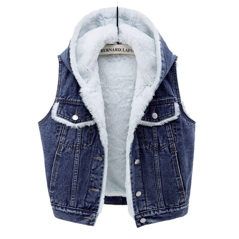 New Denim Vest Fleece-lined Thickened Slim Fit Hooded Cotton Jacket Warm Top Fashion