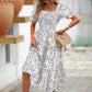 Printed Square Collar Waist-tight Puff Sleeve Layered Dress