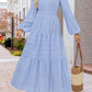 V-neck, Waist-cinched, Layered Puffed-sleeve Dress Fashionable Ruffled Maxi Skirt