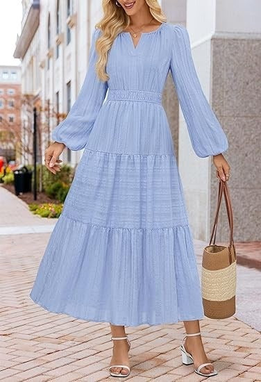 V-neck, Waist-cinched, Layered Puffed-sleeve Dress Fashionable Ruffled Maxi Skirt
