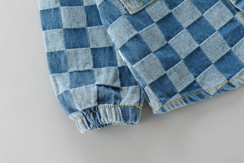 Combinaison à carreaux avec double poche et revers, pantalon à manches longues et salopette pour enfant