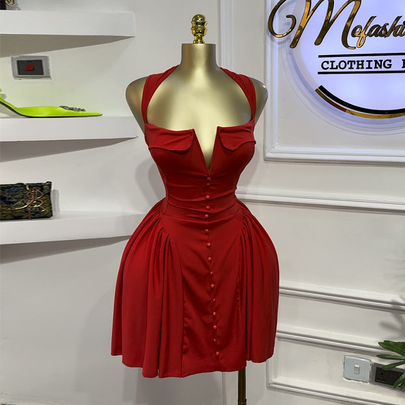Square Collar Breasted Decorative High Waist Hip Skirt Skirt