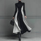 Color-Block Knitted Turtleneck Elegant Long-Sleeve Slim-Fit Dress