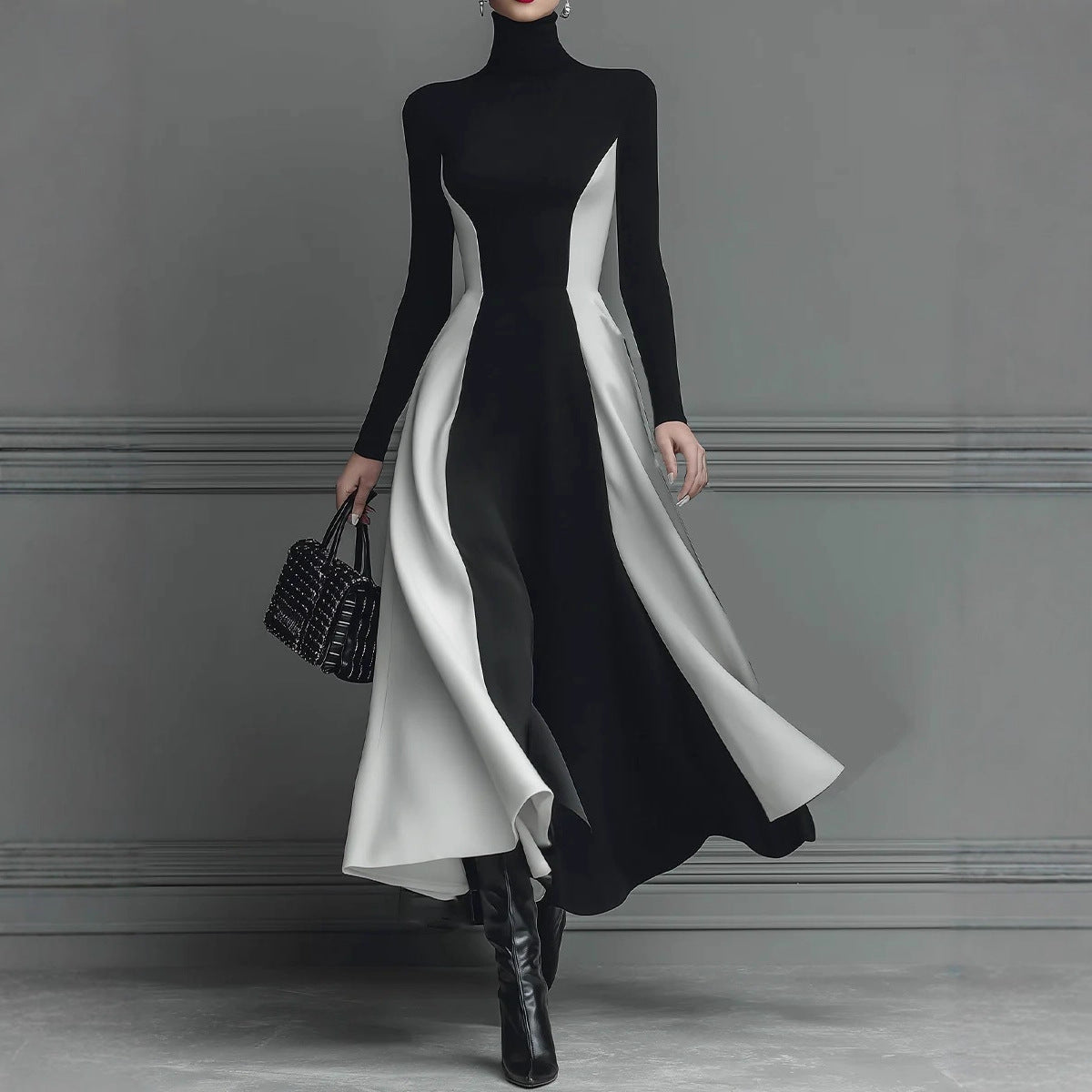 Color-Block Knitted Turtleneck Elegant Long-Sleeve Slim-Fit Dress