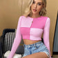 Women's Colorblock Checkered Pullover Irregular Long Sleeve Bottoming Shirt