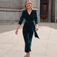 Polyester Women's Dress French Style V-neck Elegant Long Sleeve Evening Dress