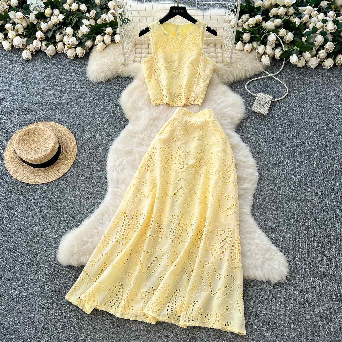 Hollow-out Crocheted Sleeveless Vest Top High Waist Skirt Suit