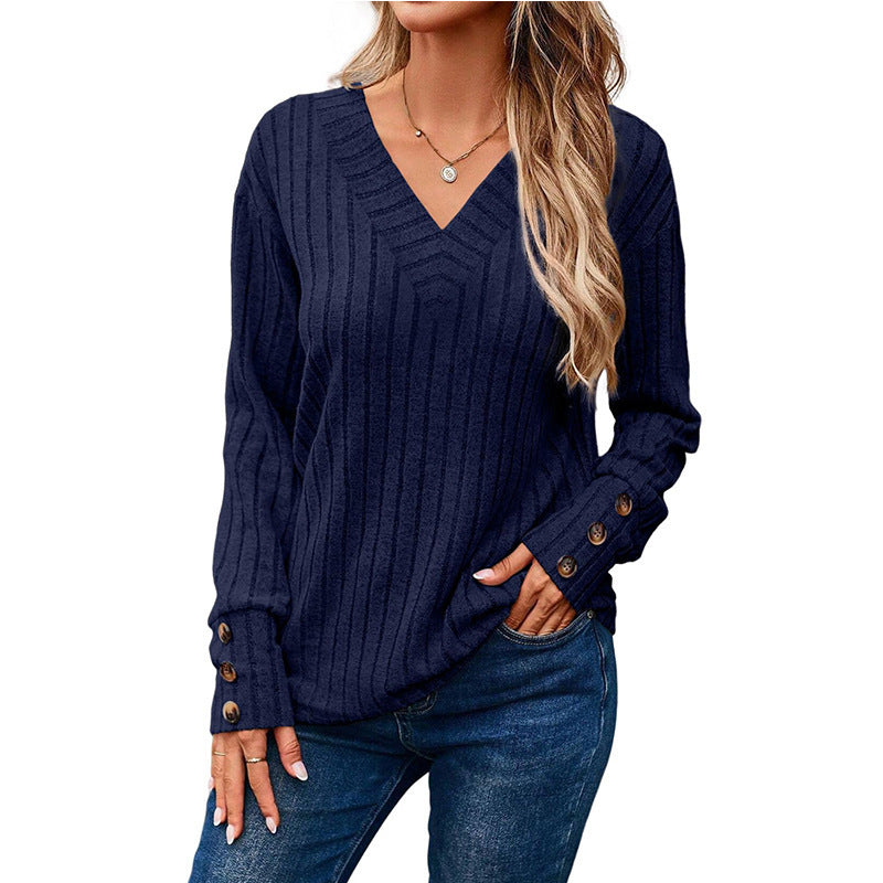 Women's Long Sleeve V-neck Shirt Solid Color Buttons