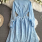 Waist-tight Slimming Lantern Sleeves Shirt Midi Dress
