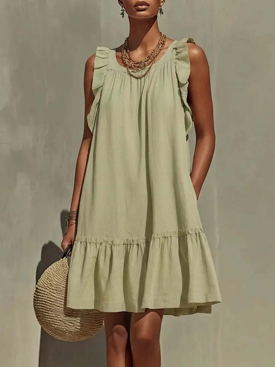 New Stylish Casual Loose Round-Neck Sleeveless Ruffle-Trim Dress