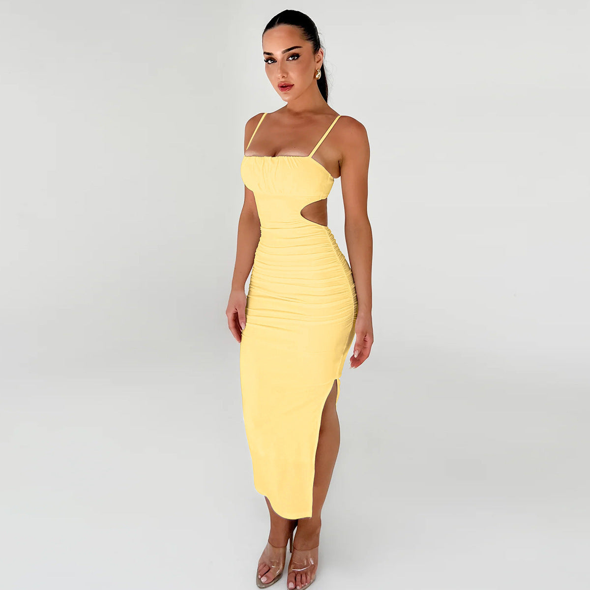 Backless Ruffle Hip Side Slit Long Dress