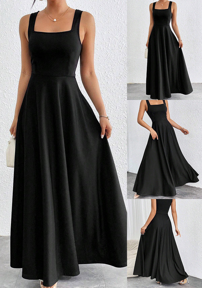 The Woman Is Wearing A Sleeveless Solid-color Dress