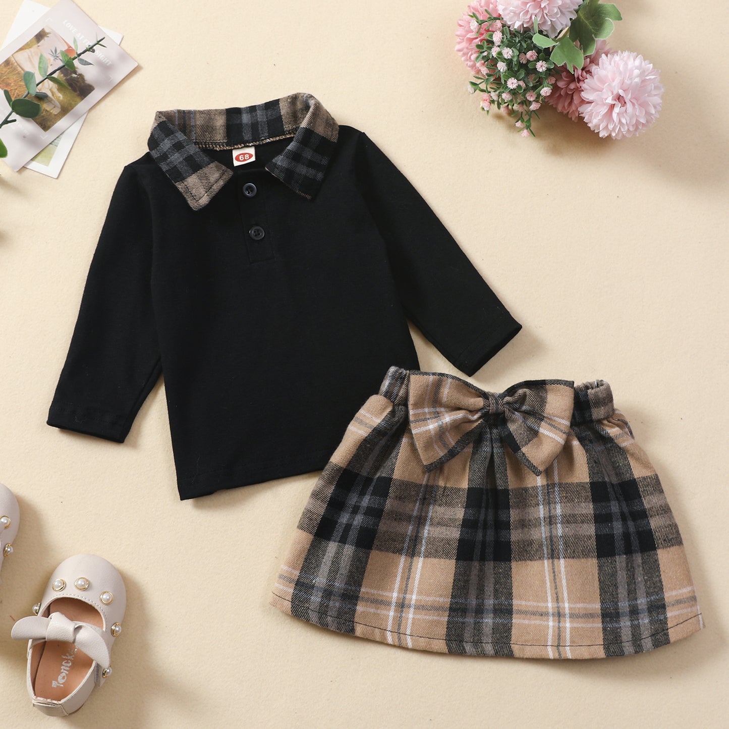 Nouveaux vêtements pour enfants : chemise à manches longues, jupe à carreaux, ensemble