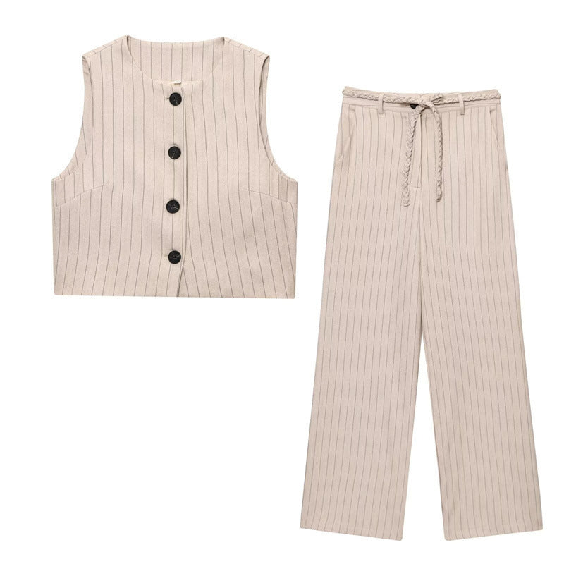 Striped Short Vest Woven Belt Striped Pants