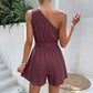 Resort-style Textured Solid-color One-shoulder Lace-up Jumpsuit