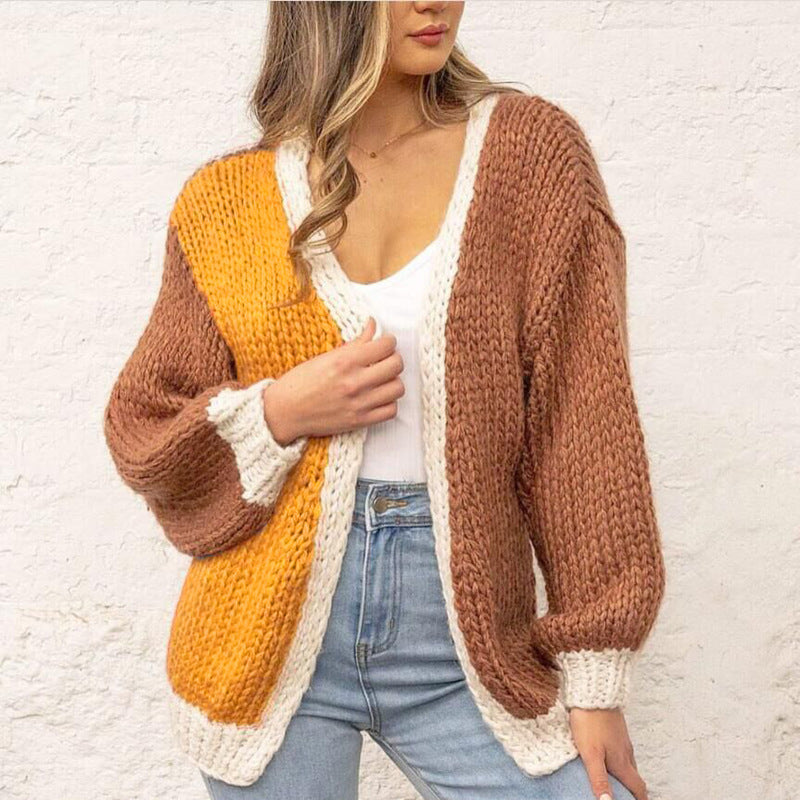 Women's Casual Knitted Cardigan Color Matching Long-sleeved Sweater