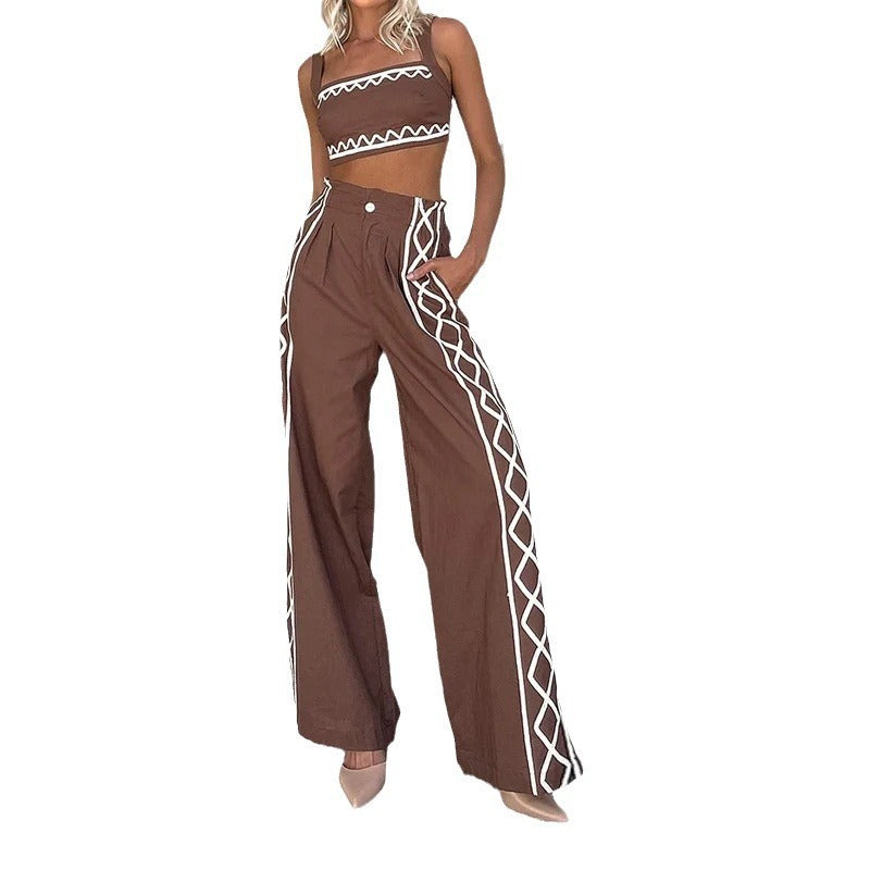 Women's Crop-top Spaghetti-strap Trousers Two-piece Suit