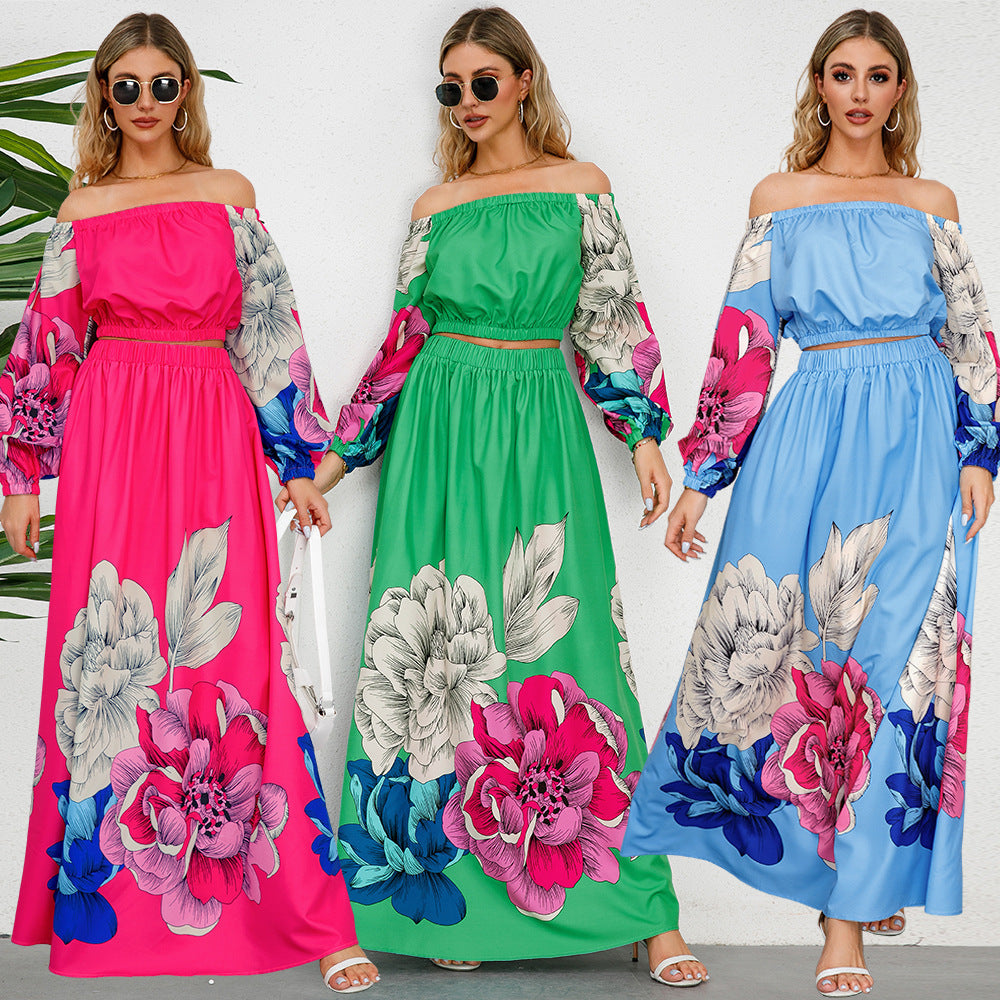 Women's Fashionable Retro Long-sleeved Top Wide Hem Printed Long Skirt Suit