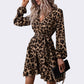 Fashion Leopard Print Dress Women's Elegant Deep V-neck Long Sleeve Belt Midi Dresses Casual Party Dresses