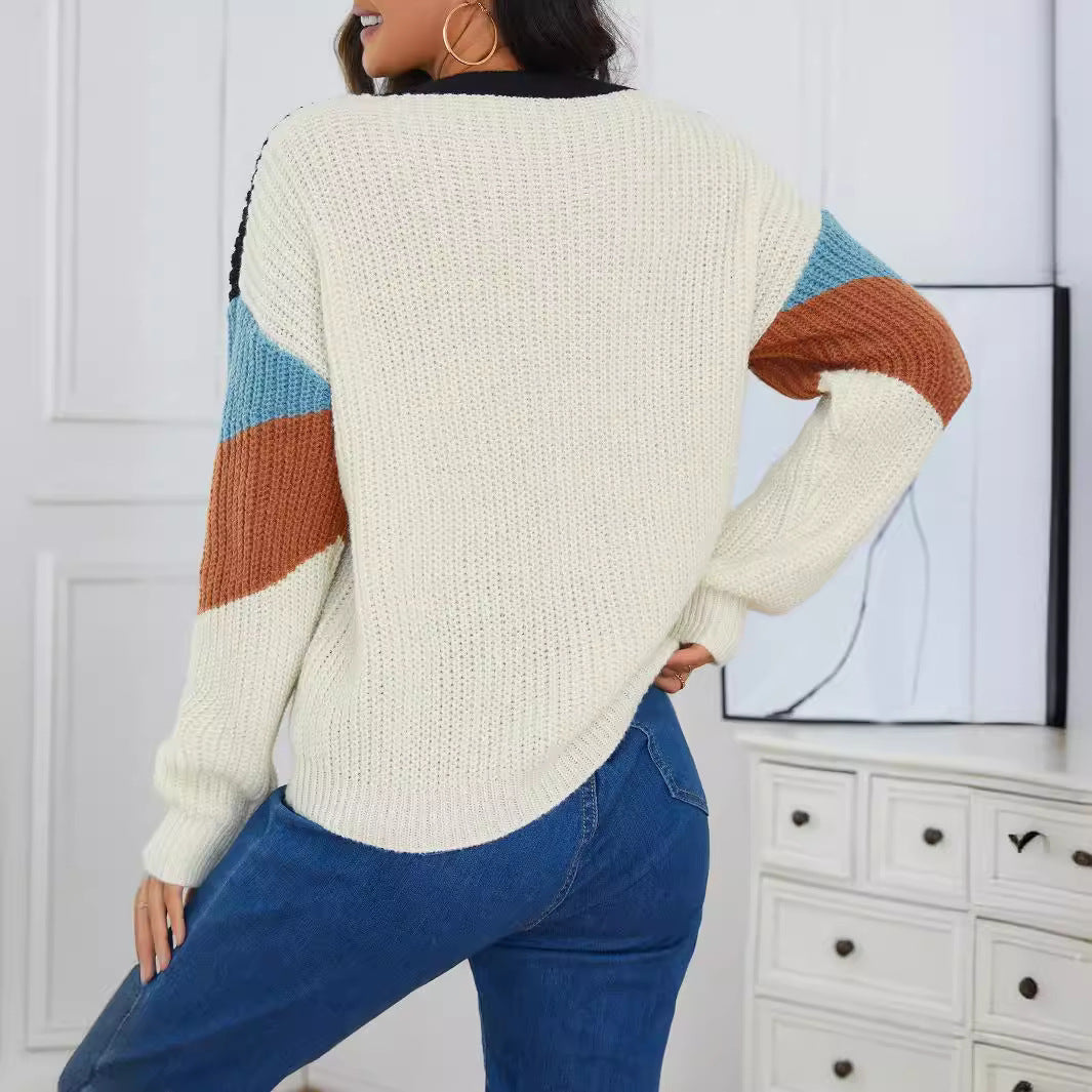 Pull de couleur contrastée, col rond, pull rayé, ample et décontracté