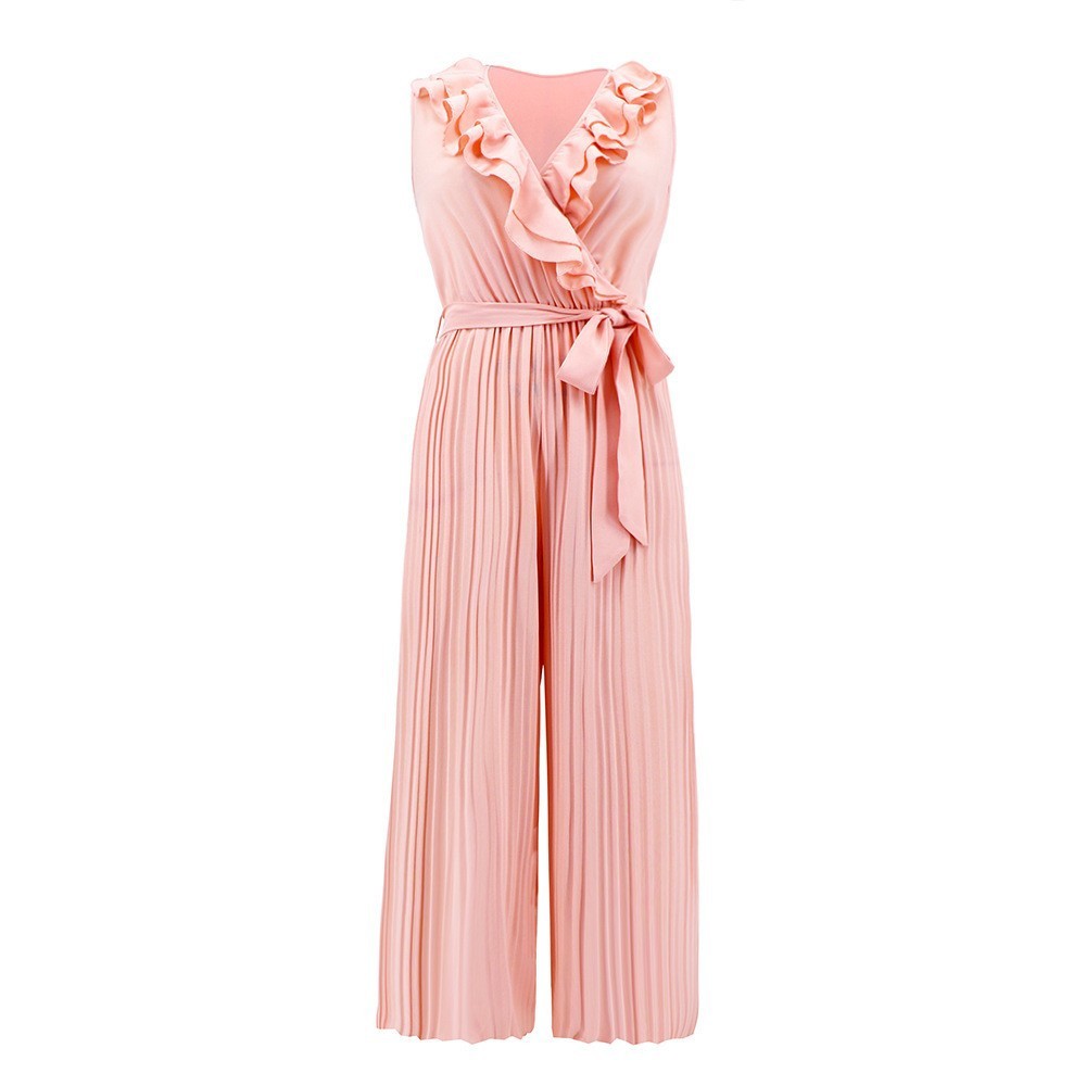 Women's Comfortable Sleeveless V-neck Flounce Pleated Jumpsuit