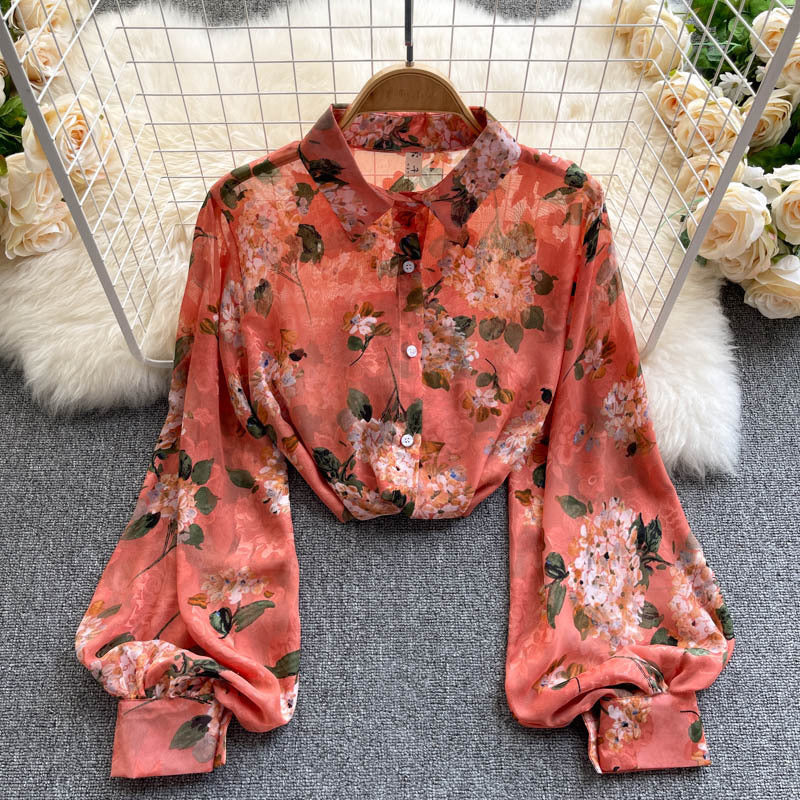 Chemise vintage imprimée à manches longues pour femme