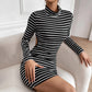 Backless High-neck Long-sleeve Striped Cotton Knit Dress