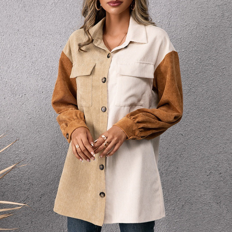 Single-breasted Long-sleeved Color-blocking Shirt Top Women