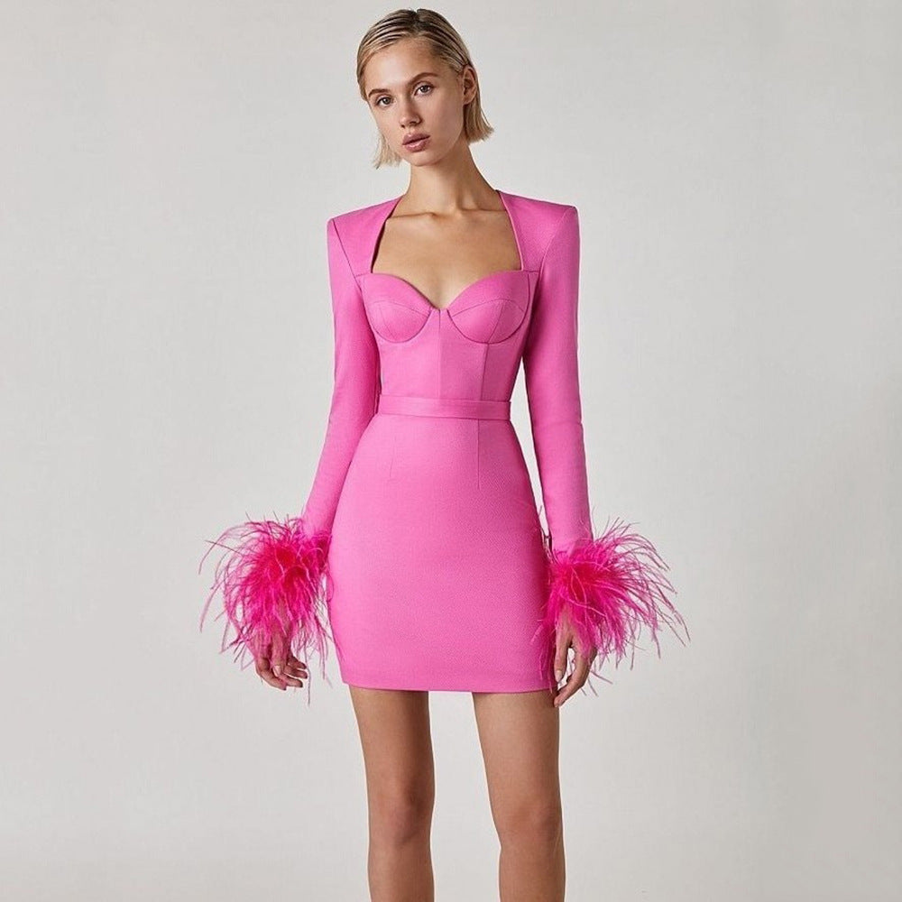 Elegant Square Neck Feather Long Sleeve