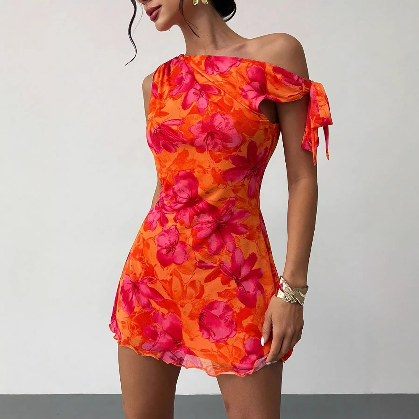 Printed Womens Sexy Cinched Waist Short Dress