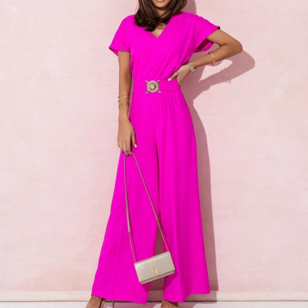 Solid Color And V-neck Waist Trimming Short-sleeved Casual Trousers Jumpsuit