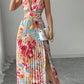 Womens Sexy Deep V-Neck Sleeveless Printed Dress With Slit Hem And Pleats