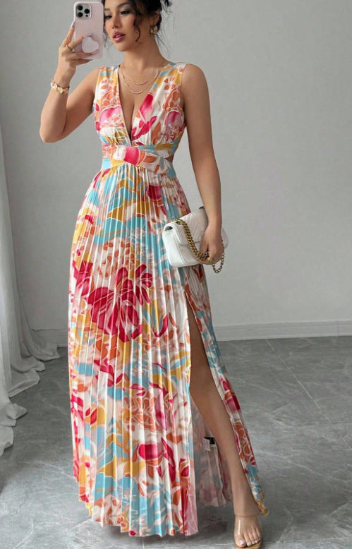 Womens Sexy Deep V-Neck Sleeveless Printed Dress With Slit Hem And Pleats