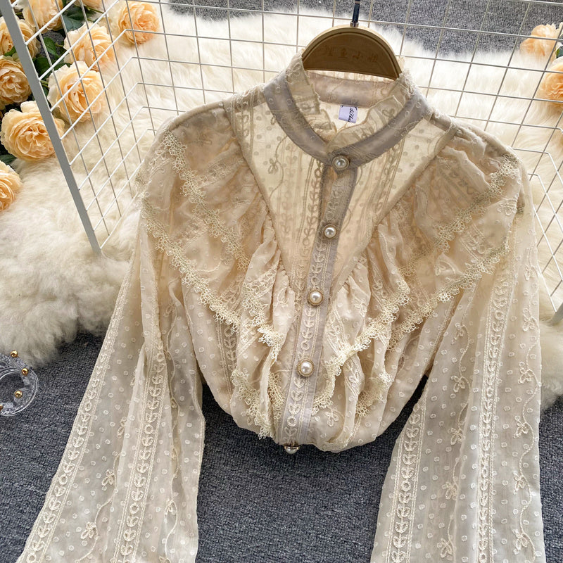 Women's Stand Collar Ruffle Lace Long Sleeve Shirt