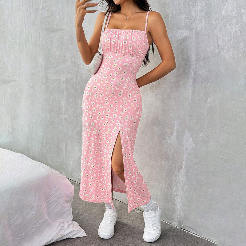Spaghetti Straps Chest Wrap Slit Sheath Women's Dress