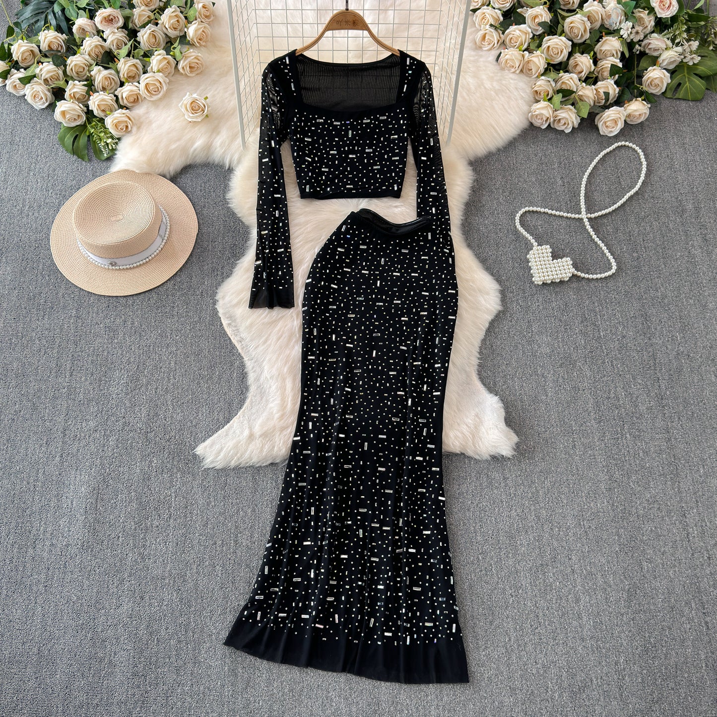 Hip-wrapped Skirt Evening Dress Two-piece Set