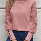 Solid Color Long Sleeve Embroidered Lace Stitching Waffle Crew Neck Top