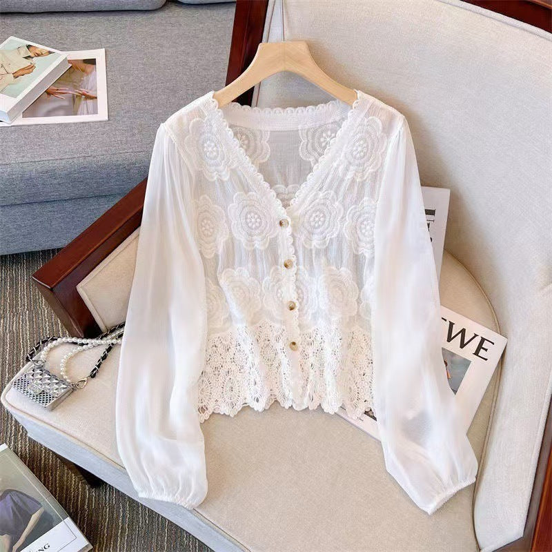 New French Style Summer Hollow-out Shirt Stitching Flying Sleeves Top