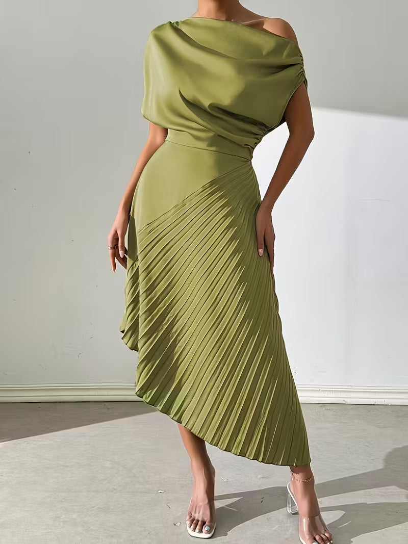 Women's Asymmetric Shoulder Gold Foil Pleated Dress