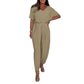 V-neck Jumpsuit Lace-up Waist Loose Solid Color Suit