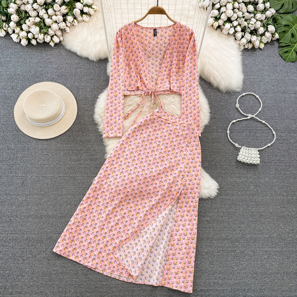 European And American-style Long-sleeve Deep V-neck Tie-up Top Two-piece Set