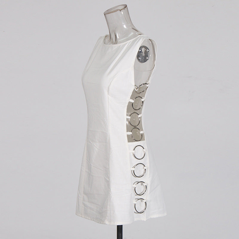 New Metal Decoration Seaside Vacation Style White Dress Female