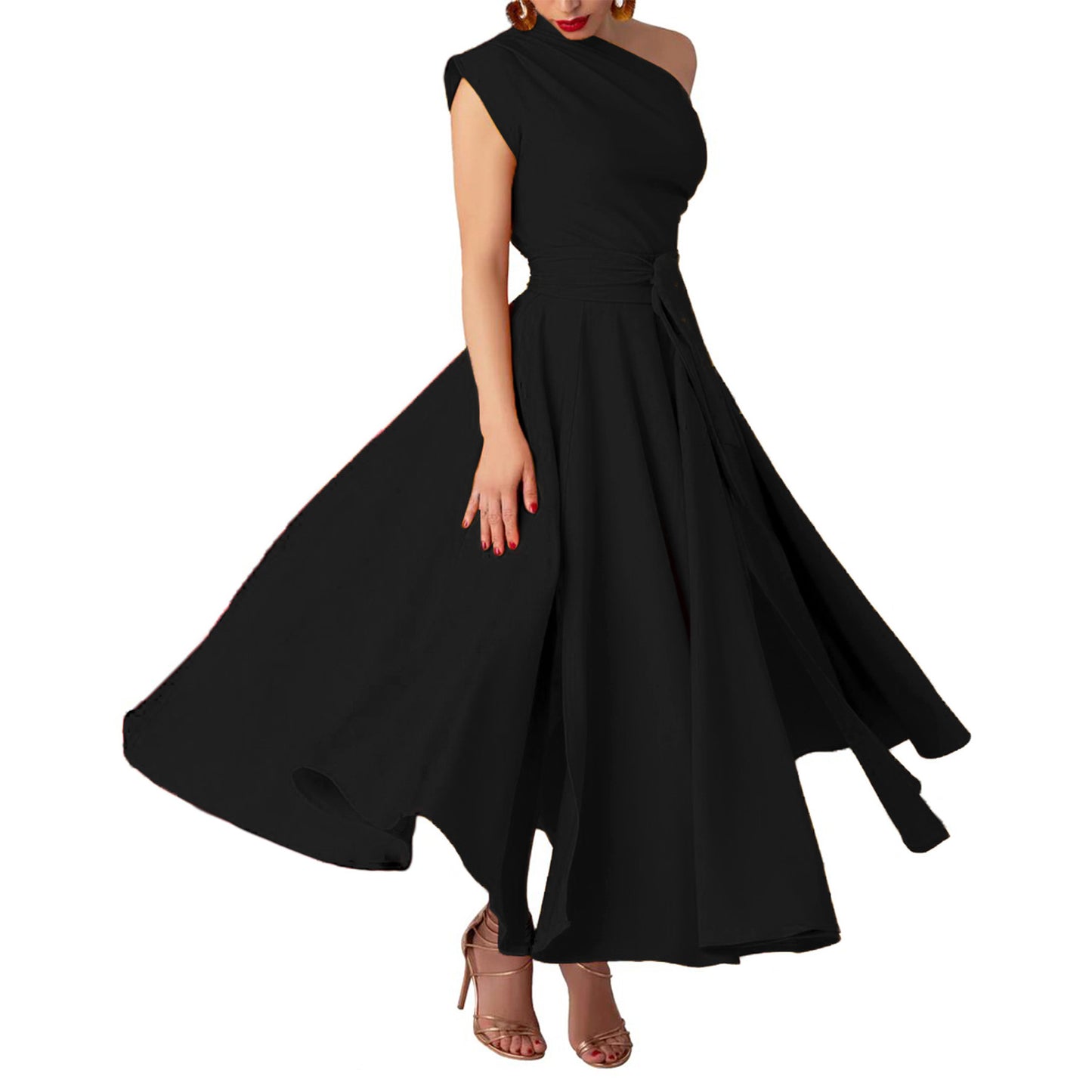 Womens Sleeveless Slash-Neck Solid Color Waist-Cinching Dress