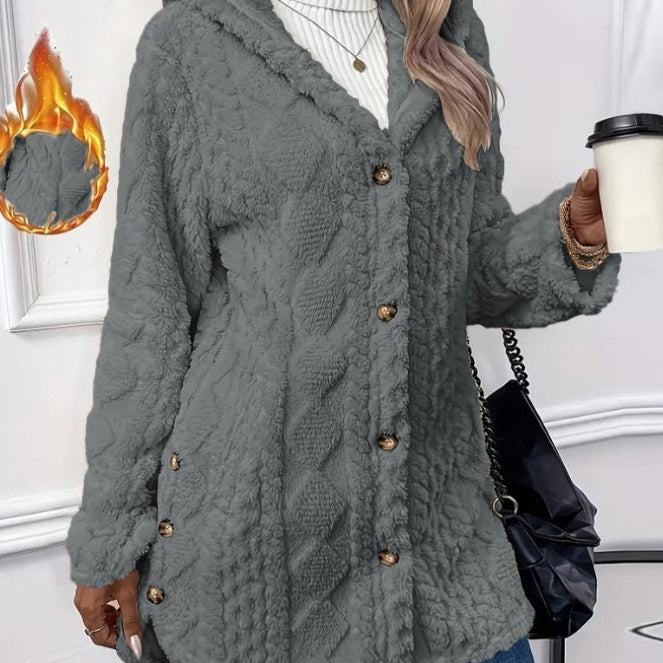 Cardigan à capuche boutonné, veste longue d'hiver, manteau à manches longues de couleur unie
